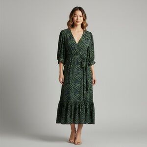 ELOQUII Elements Women Dress Size 24 Maxi  Zebra Print Green Navy Blue Tie Waist